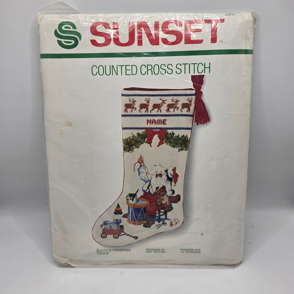 Sunset Cross Stitch Kit Santa's Finishing Touch Red White 1983 Vintage Stocking